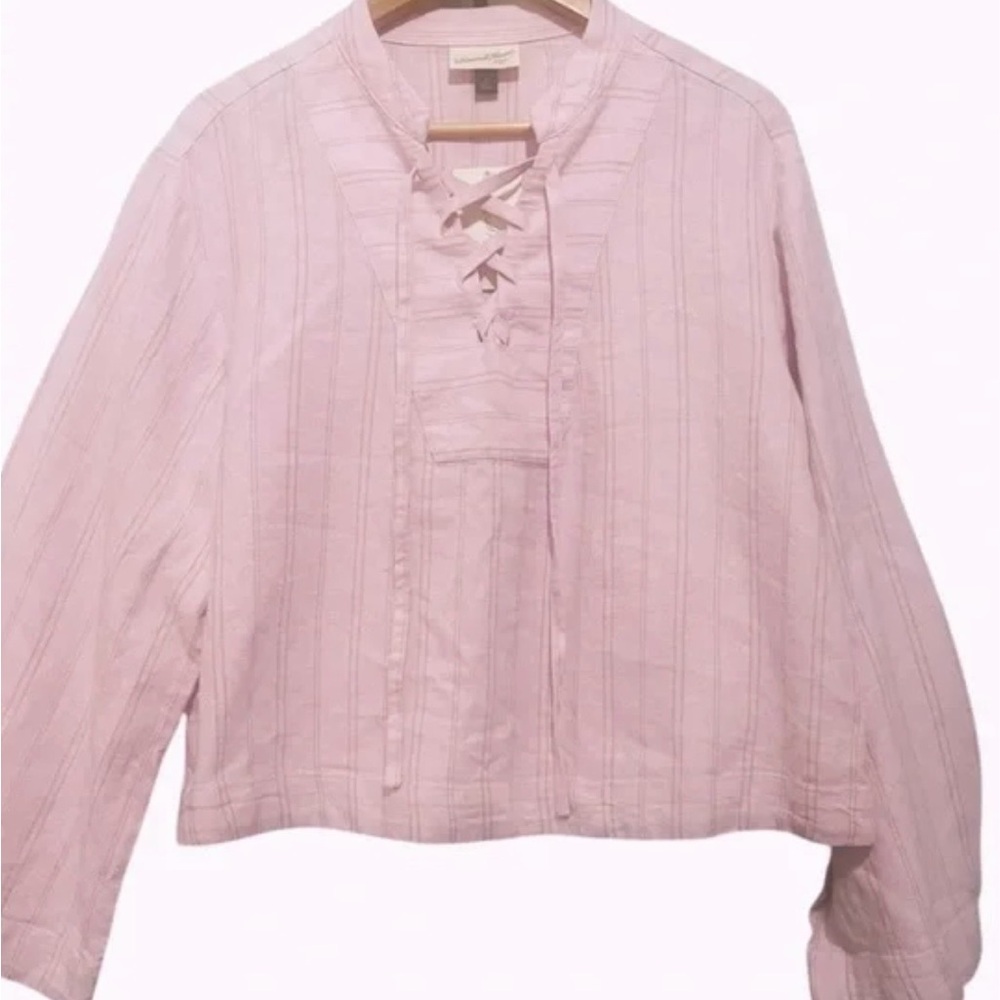 New with tags! Boho Pink Striped Blouse long sleeve tie neck peasant blouse